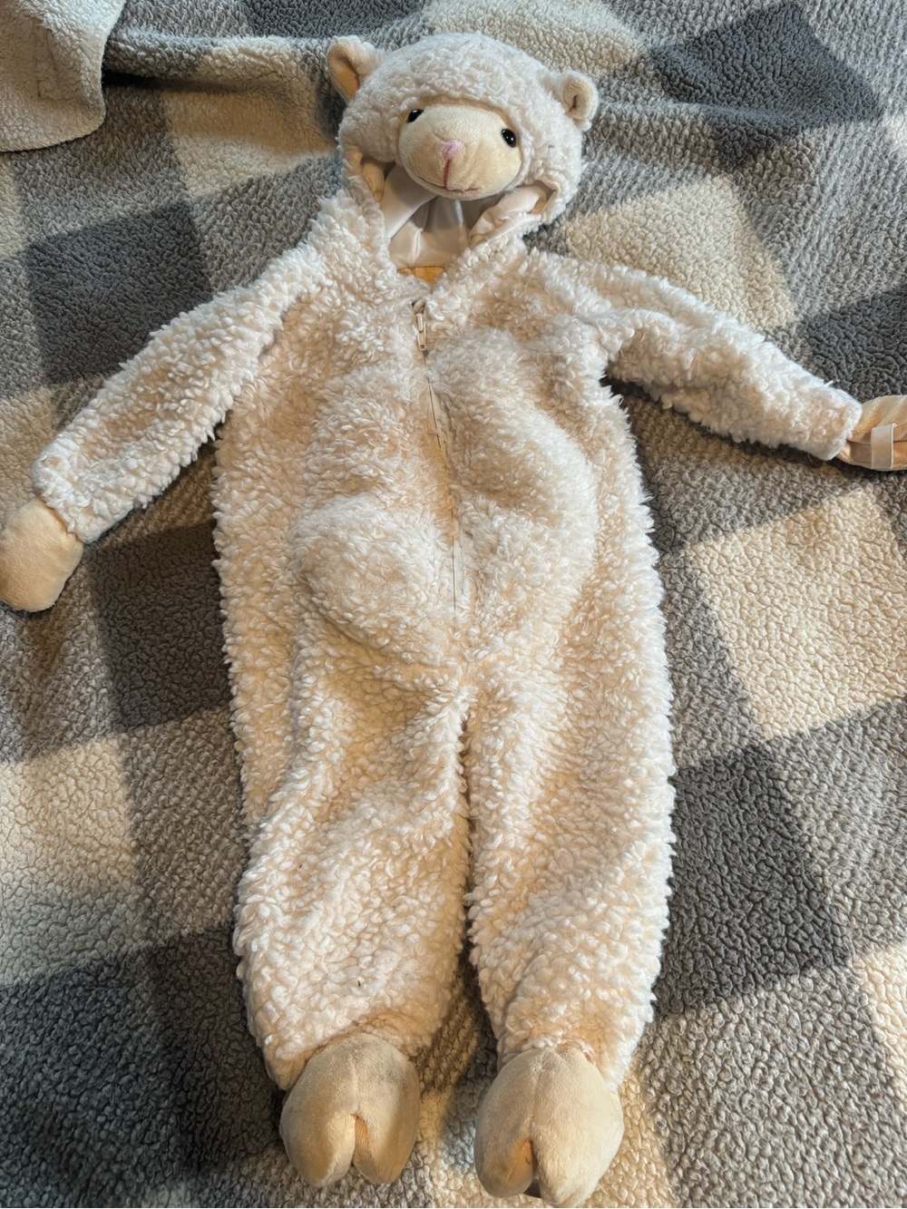 Cream Fuzzy Lamb One-Piece Hooded Romper/Halloween costume for toddlers.